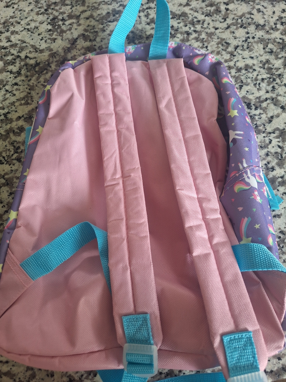 Kids Pink and Purple Unicorn Print Backpack with Aqua Straps